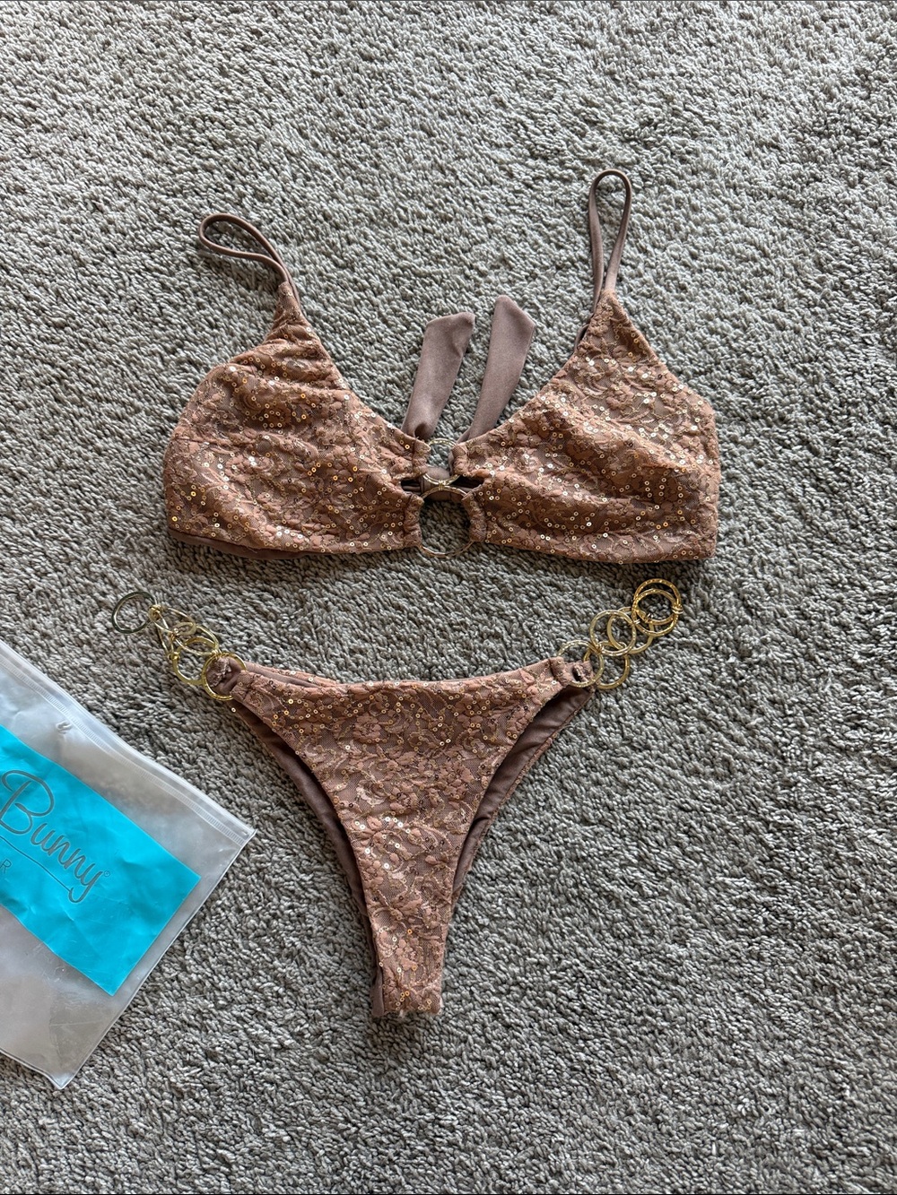 Beach Bunny Lace Sequin Bikini Set with Gold Ring Accents medium bottom XL top